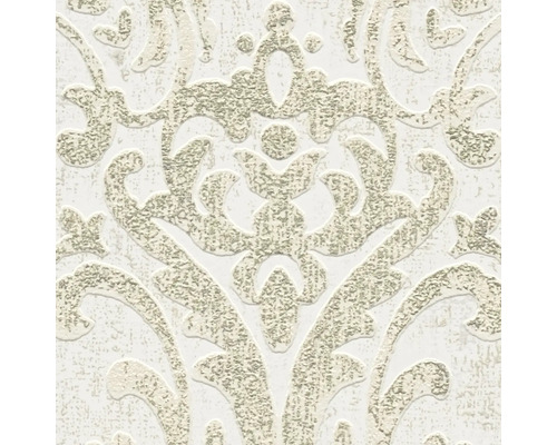 Detailopname van een wit vinylbehang met ornamentpatroon