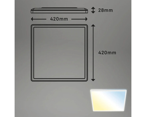 Technische tekening van een plafondlamp met de afmetingen 420 mm x 420 mm en een hoogte van 28 mm.
