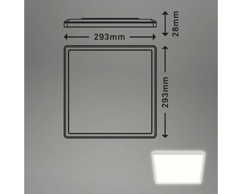 Technische tekening van een vierkante plafondlamp met de afmetingen 293 x 293 x 28 millimeter