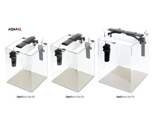 Drie Aquael OptiBent aquariumsets met verlichting en filter