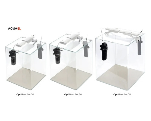 Drie Aquael OptiBent Set aquaria met filter en lamp