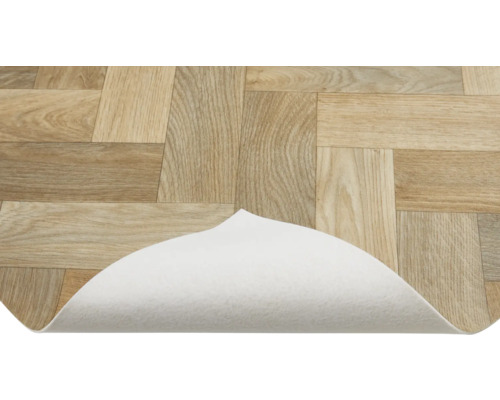 Vinyl vloerbedekking met houtlook en omgeslagen hoek om de achterkant te laten zien
