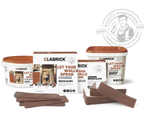 Elabrick productassortiment met steenstrips, hoeksteenstrips, primer en kleefmortel