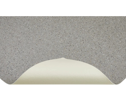 Grijze vloerbedekking met gespikkelde oppervlakte en opgerolde hoek