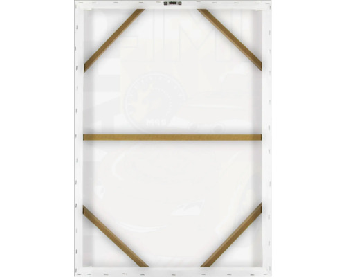 Achterkant van een canvas met houten frame en ophangsysteem