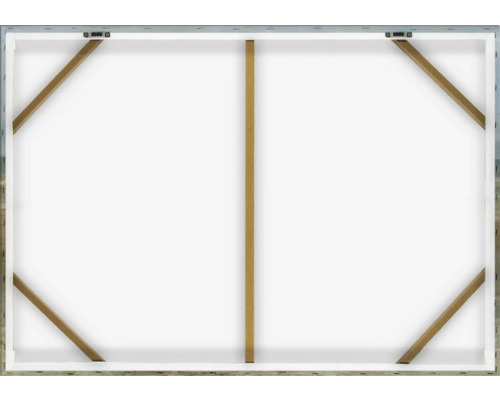 Achterkant van een canvas met houten frame en ophangsysteem