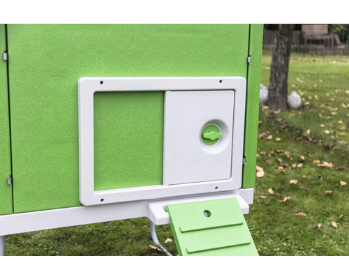 Detailopname van een kippenhok met deur en helling