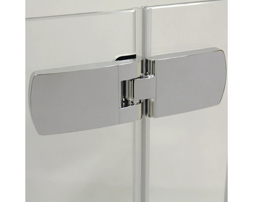 Detailopname van een metalen douchecabinebeslag.