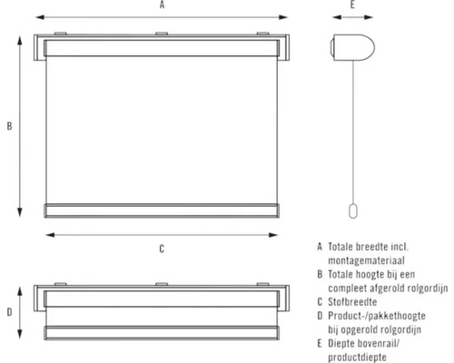 Diagram van rolgordijnmaten met totale breedte, totale hoogte, stofbreedte, producthoogte en diepte van de bovenrail.