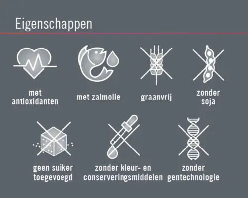 Properties: with antioxidants, with salmon oil, grain free, without soya, no sugar added, without colorings and preservatives, without genetic engineering