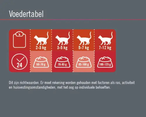 Voedingstabel voor katten met gewichtsindicaties en aanbevolen dagelijkse hoeveelheden.