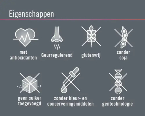 Eigenschappen: Met anti-oxidanten, geurregulerend, glutenvrij, zonder soja, geen suiker toegevoegd, zonder kleur- en conserveringsmiddelen, zonder gentechnologie