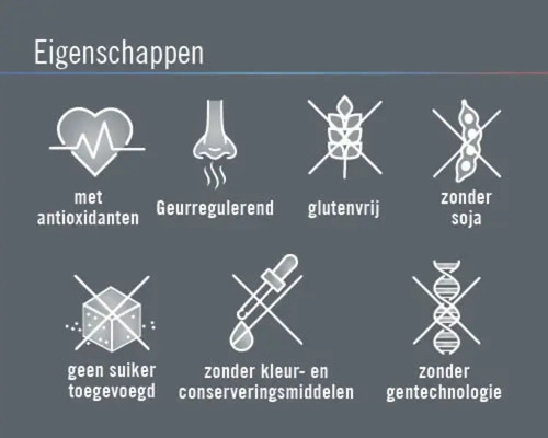 Eigenschappen: met antioxidanten, geurregulerend, glutenvrij, zonder soja, geen suiker toegevoegd, zonder kleur- en conserveringsmiddelen, zonder gentechnologie