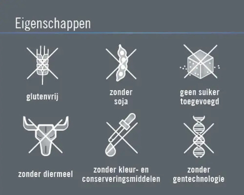Symbolen tonen: glutenvrij, zonder soja, geen suiker toegevoegd, zonder diermeel, zonder kleurstoffen en conserveringsmiddelen, zonder gentechnologie