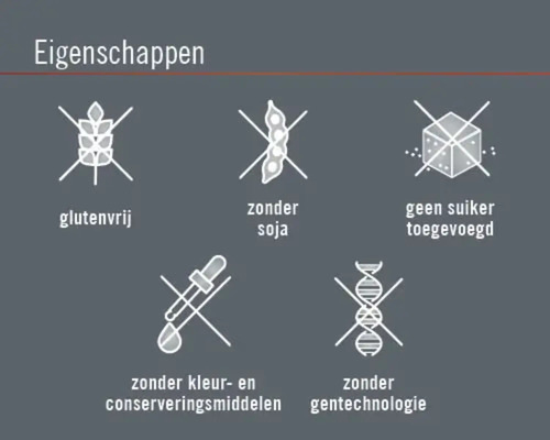 Symbolen voor glutenvrij, zonder soja, zonder toegevoegde suiker, zonder kleur- en conserveringsmiddelen, zonder gentechnologie