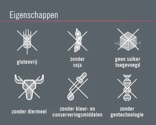 Producteigenschappen: glutenvrij, zonder soja, geen suiker toegevoegd, zonder diermeel, zonder kleur- en conserveringsmiddelen, zonder gentechnologie