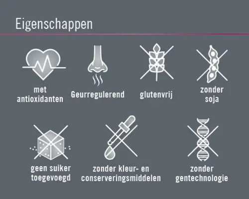 Eigenschappen: met antioxidanten, geurregulerend, glutenvrij, zonder soja, geen suiker toegevoegd, zonder kleur- en conserveermiddelen, zonder gentechnologie