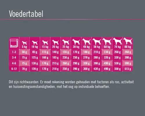 Voedingstabel voor honden met gewichtsadviezen