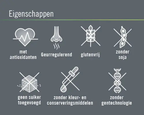 Eigenschappen: Met antioxidanten, geurregulerend, glutenvrij, zonder soja, geen suiker toegevoegd, zonder kleur- en conserveringsmiddelen, zonder gentechnologie