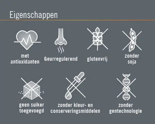 Eigenschappen: met anti-oxidanten, geurregulerend, glutenvrij, zonder soja, geen suiker toegevoegd, zonder kleur- en conserveringsmiddelen, zonder gentechnologie
