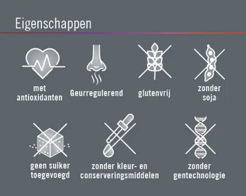 Producteigenschappen: met antioxidanten, geurregulerend, glutenvrij, zonder soja, geen suiker toegevoegd, zonder kleur- en conserveringsmiddelen, zonder gentechnologie