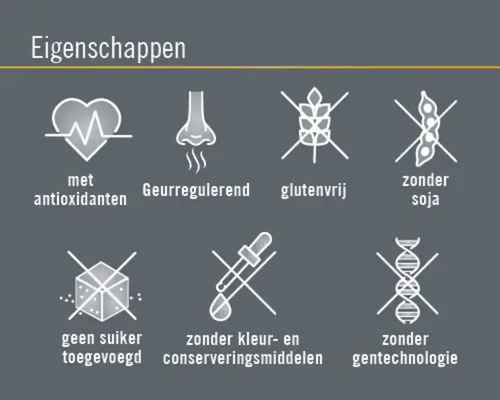 Eigenschappen: Met antioxidanten, geurregulerend, glutenvrij, zonder soja, geen suiker toegevoegd, zonder kleur- en conserveringsmiddelen, zonder gentechnologie