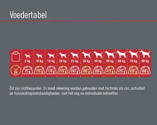 Voedingstabel voor hondenvoeding, met gewichtsindicaties van 5 kilogram tot 80 kilogram en bijbehorende voedingshoeveelheden in gram.