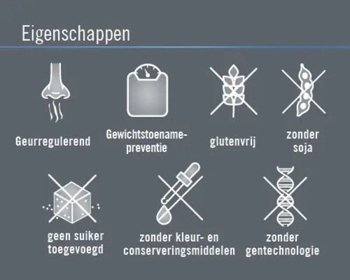 Eigenschappen: geurregulerend, gewichtstoename preventie, glutenvrij, zonder soja, geen suiker toegevoegd, zonder kleur- en conserveringsmiddelen, zonder gentechnologie