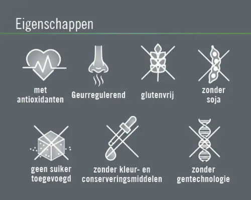 Eigenschappen: Met antioxidanten, geurregulerend, glutenvrij, zonder soja, geen suiker toegevoegd, zonder kleur- en conserveermiddelen, zonder gentechnologie