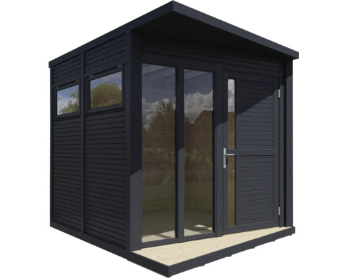 Tuinhuis met ramen en deur op een houten terras