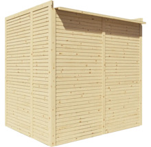 Houten tuinhuis met horizontale lambrisering.