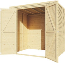 Open houten gereedschapsschuur met openslaande deuren