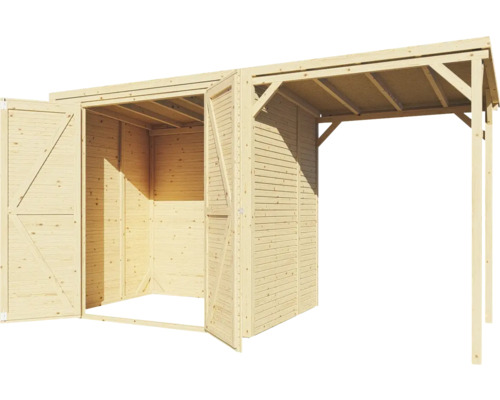 Houten tuinhuis met open dubbele deuren en afdak