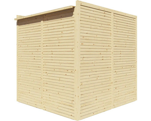 Houten tuinhuis met horizontale messing- en groefbekleding