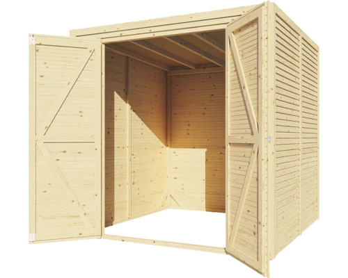 Open houten gereedschapsschuur met dubbele deur