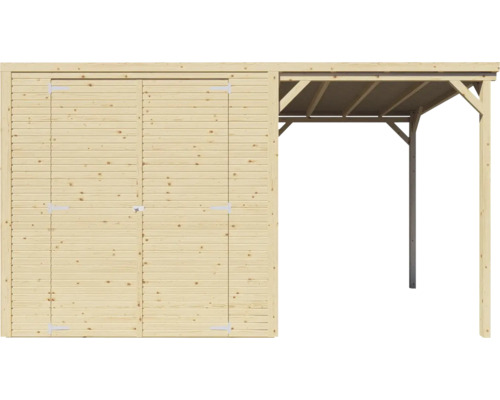 Houten tuinhuis met dubbele deur en overdekte ruimte