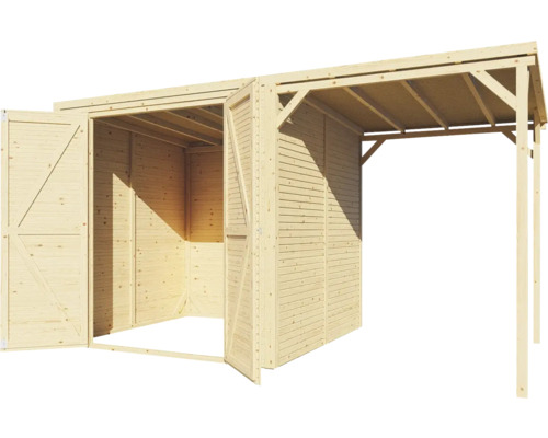 Houten tuinhuis met dubbele deur en overdekt terras