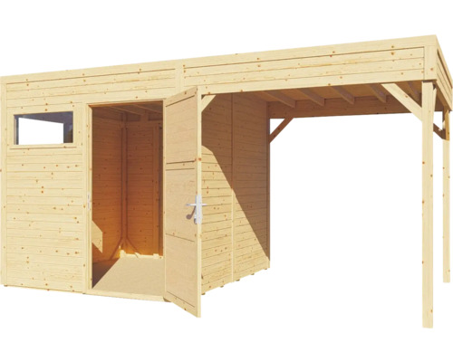 Houten tuinhuis met dubbele deur en luifel