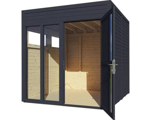 Modern tuinhuis met openstaande deur en glazen voorkant