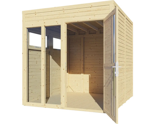 Houten tuinhuis met open deuren en ramen