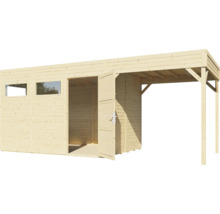 Houten tuinhuis met dubbele deur en carport