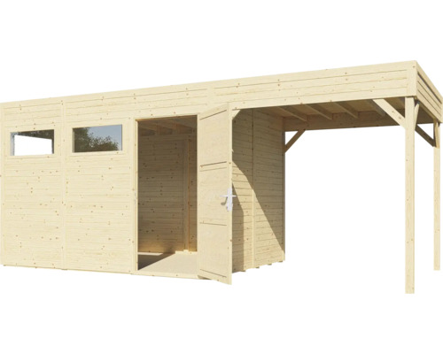 Houten tuinhuis met dubbele deur en carport