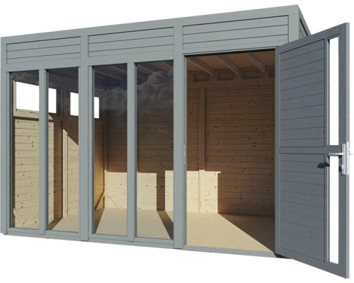 Modern tuinhuis met glazen schuifdeuren en dubbele deur