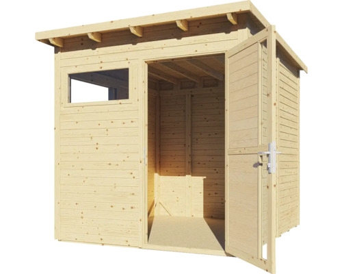 Houten tuinhuis met raam en openstaande dubbele deuren