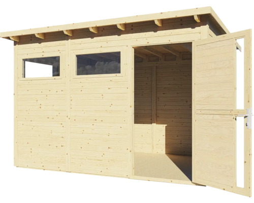 Houten tuinhuis met ramen en openstaande deuren