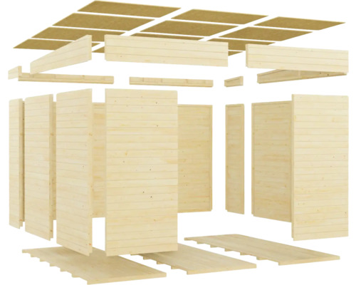 Explosietekening van een houten tuinhuis