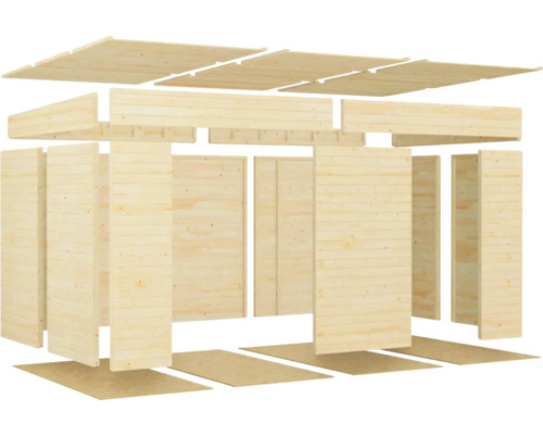 Explosietekening van een houten tuinhuis met dak elementen, wandelementen en vloerelementen