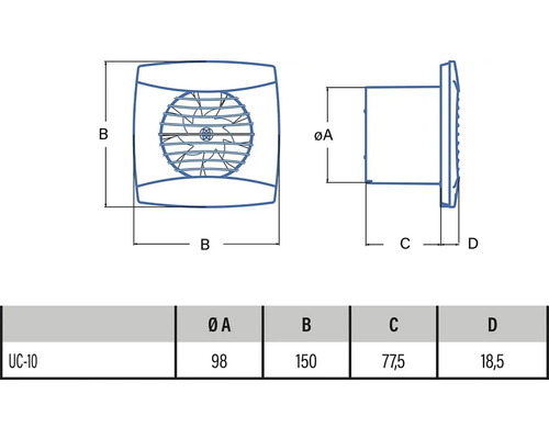 Technische tekening van een ventilator met maatvoering