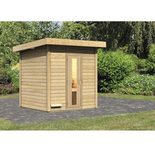 Houten sauna met glazen deur in de tuin