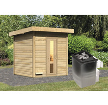 Houten buitensauna met saunakachel